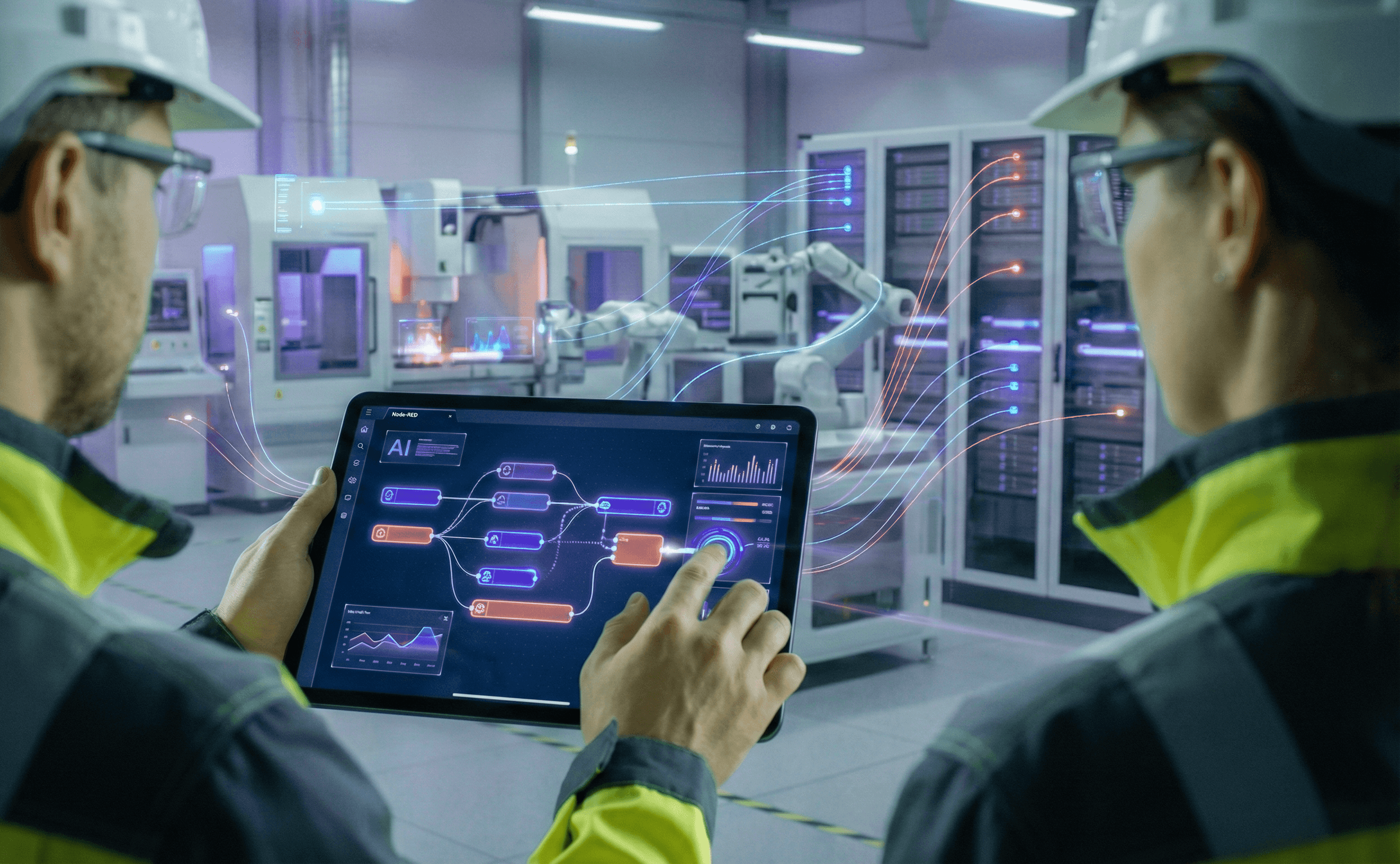 Plant worker interacting with AI on a tablet, connected to the entire factory