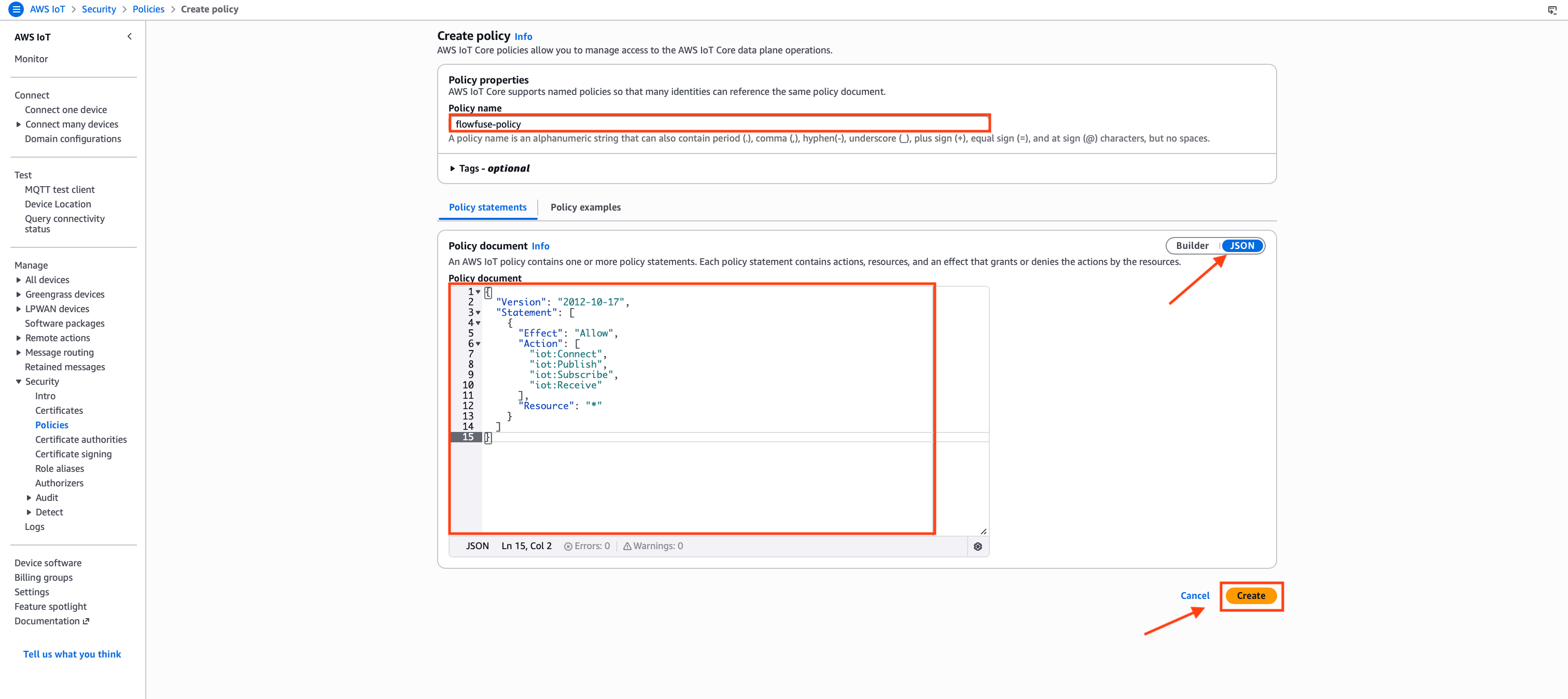 "AWS IoT Core policy editor in JSON mode with the flowfuse-policy name entered and the permission JSON pasted in"