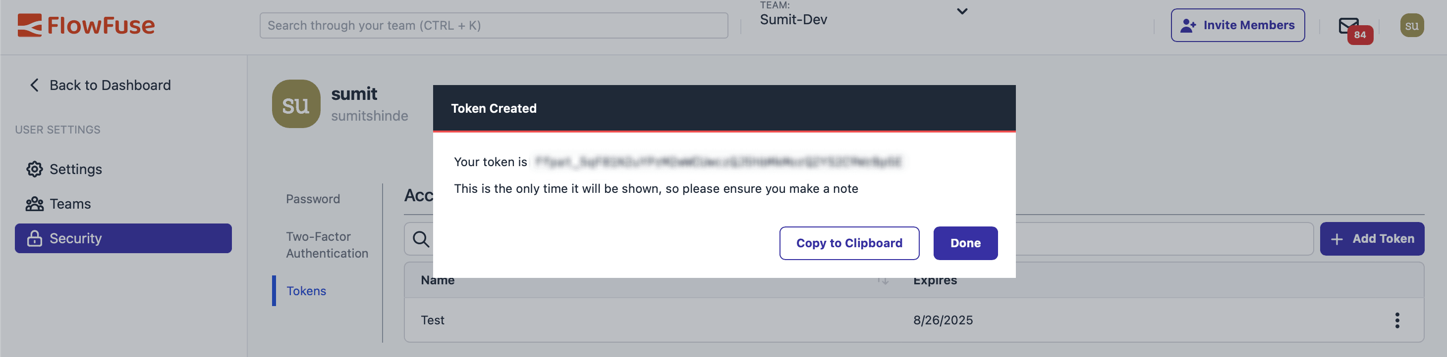 Dialog showing the generated FlowFuse API token with copy-to-clipboard option.