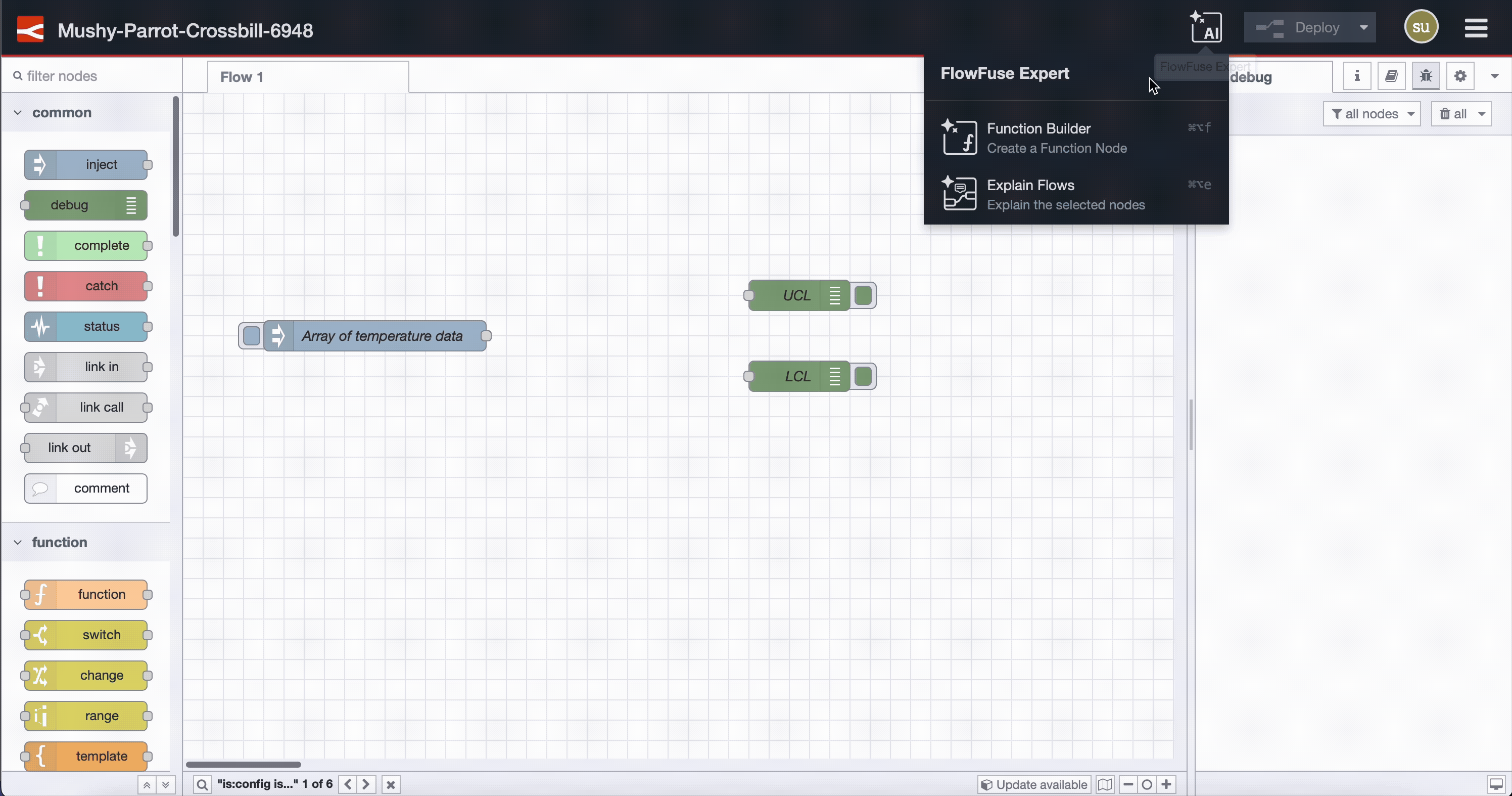 Image showing the quick function node generation with FlowFuse Expert