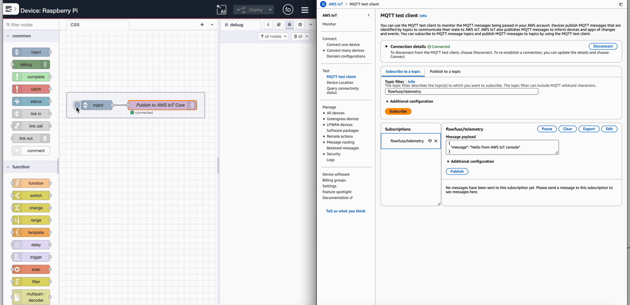"AWS IoT Core MQTT test client showing the successfully received JSON payload on the flowfuse/telemetry topic"