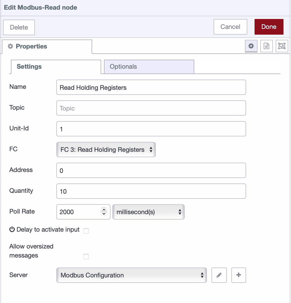 Modbus Read node configured to read data from a slave device.