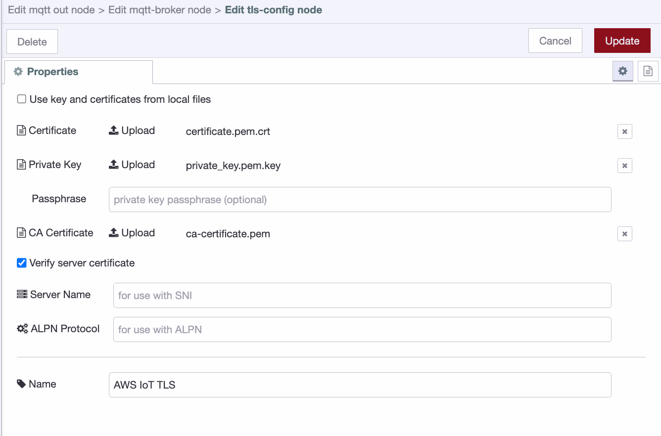 "Node-RED TLS configuration dialog with the device certificate, private key, and CA certificate uploaded and Verify server certificate enabled"